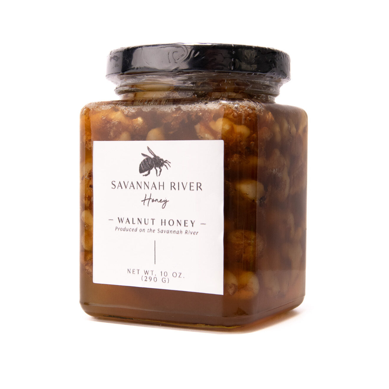 Walnut honey jar with crunchy walnuts mixed in raw honey from Savannah River Honey
