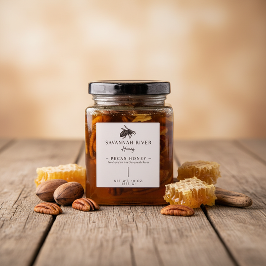 Pecan honey jar with buttery pecans in raw honey from Savannah River Honey