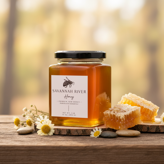 Premium raw honey 13.5oz glass jar from Savannah River region Georgia